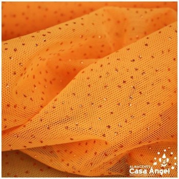TUL ELÁSTICO NARANJA CON TOPO DE PURPURINA 150cm