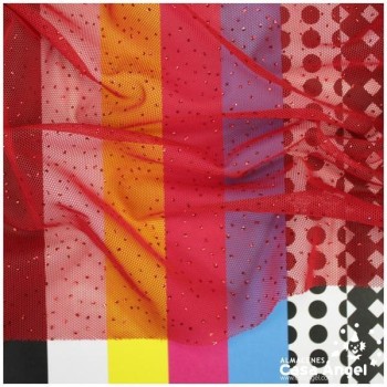 TUL ELÁSTICO ROJO CON TOPO DE PURPURINA 150cm