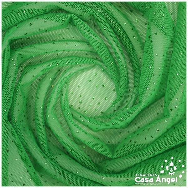 TUL ELÁSTICO VERDE CON TOPO DE PURPURINA 150cm