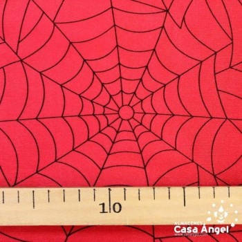 SATIN RASETE ROJO ESTAMPADO TELARAÑAS  150cm