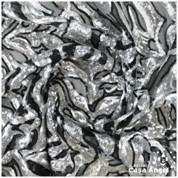 TUL NEGRO CON BORDADO DE LENTEJUELAS PLATEADAS EN ONDAS 135cm