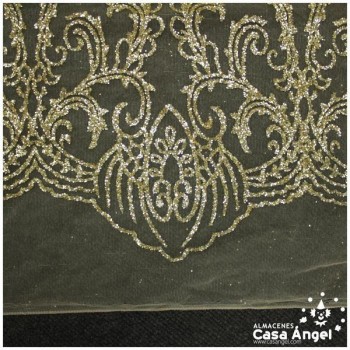 TUL ESTAMPADO VICTORIANO EN GLITTER ORO SERIE NONI 148cm