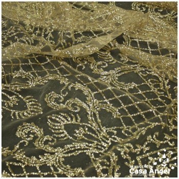 TUL ESTAMPADO VICTORIANO EN GLITTER ORO SERIE NONI 148cm