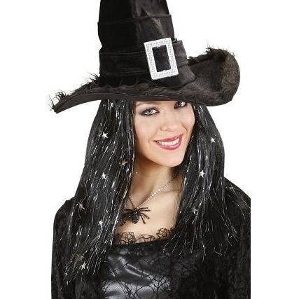 PELUCA BRUJA NEGRA CON TINSEL Y ESTRELLAS