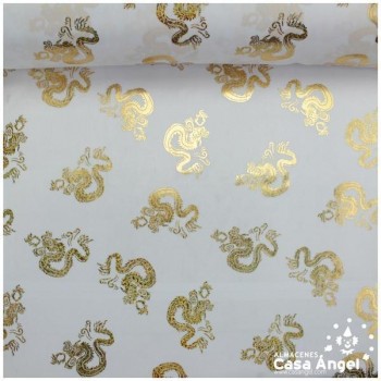 PAN DE ORO BLANCO ESTAMPADO DRAGONES IRISADOS 112cm