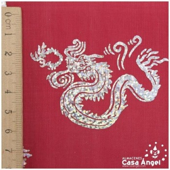 PAN DE ORO ROJO ESTAMPADO DRAGONES IRISADOS 112cm