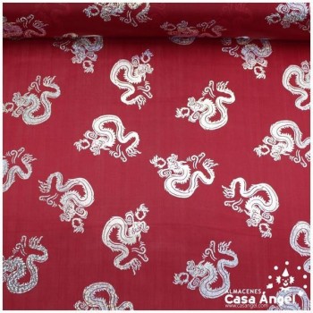 PAN DE ORO ROJO ESTAMPADO DRAGONES IRISADOS 112cm