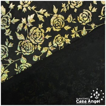 PAN DE ORO NEGRO ESTAMPADO CON ROSAS IRISADAS 112cm