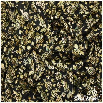 PAN DE ORO NEGRO ESTAMPADO CON ROSAS IRISADAS 112cm