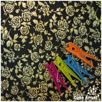 PAN DE ORO NEGRO ESTAMPADO CON ROSAS IRISADAS 112cm