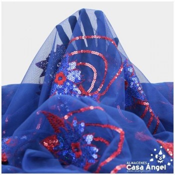 TUL AZUL FLOR DE LENTEJUELA BORDADA 150cm