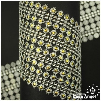 PASAMANERÍA ANCHA LÍNEAS PLÁSTICO CROMADO IMITACIÓN STRASS 105mm