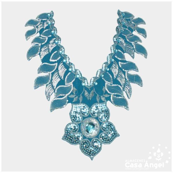 CUELLO TERMOADHESIVO TURQUESA CON LENTEJUELAS Y PIEDRAS SERIE GARDENIA