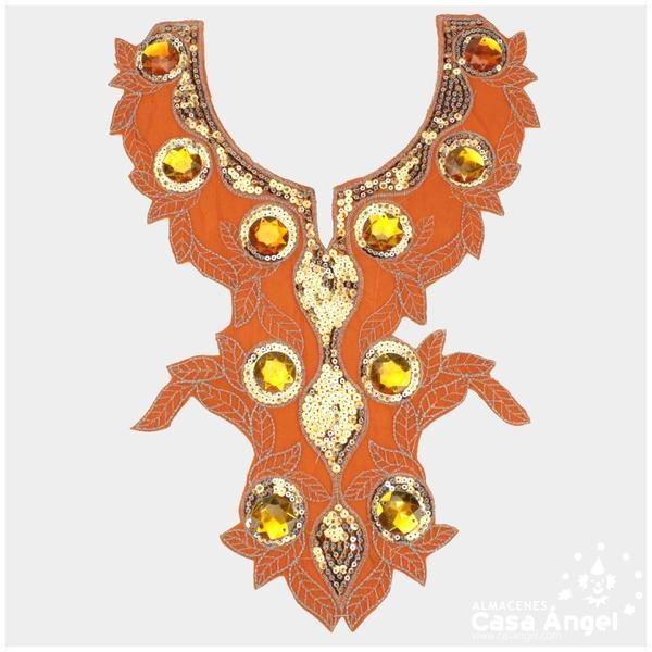 CUELLO TERMOADHESIVO NARANJA CON LENTEJUELAS Y PIEDRAS SERIE PETUNIA