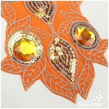 CUELLO TERMOADHESIVO NARANJA CON LENTEJUELAS Y PIEDRAS SERIE PETUNIA
