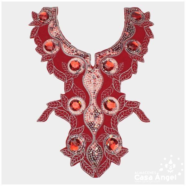 CUELLO TERMOADHESIVO ROJO CON LENTEJUELAS Y PIEDRAS SERIE PETUNIA