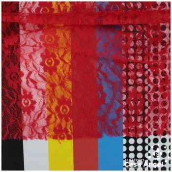 ENCAJE DE LYCRA ROJO CON FLORES PEQUEÑAS SERIE FLORA 150cm
