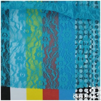 ENCAJE DE LYCRA TURQUESA CON FLORES PEQUEÑAS SERIE FLORA 150cm