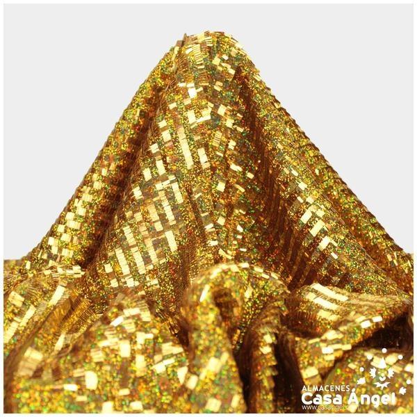 TELA DE LENTEJUELAS RECTANGULARES ORO HOLOGRAMA SERIE KIBO 135cm