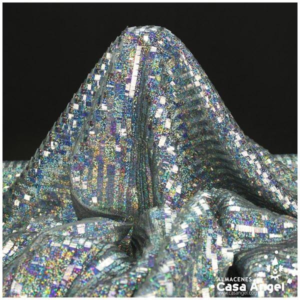 TELA DE LENTEJUELAS RECTANGULARES PLATA HOLOGRAMA SERIE KIBO 135cm