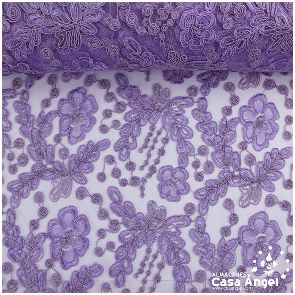 TUL MORADO CON BORDADO DE FLORES EN CORDONCILLO 130cm