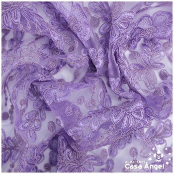 TUL MORADO CON BORDADO DE FLORES EN CORDONCILLO 130cm