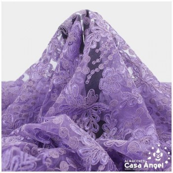 TUL MORADO CON BORDADO DE FLORES EN CORDONCILLO 130cm