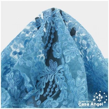 TUL TURQUESA CON BORDADO DE FLORES EN CORDONCILLO 130cm