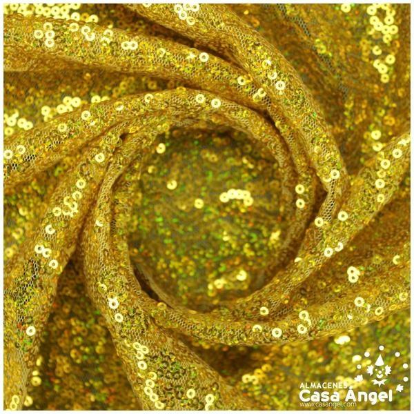 TELA DE LENTEJUELAS ORO HOLOGRAMA BORDADAS SOBRE TUL 150cm