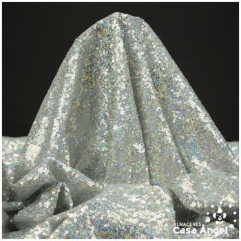 TELA DE LENTEJUELAS PLATA HOLOGRAMA BORDADAS SOBRE TUL 150cm