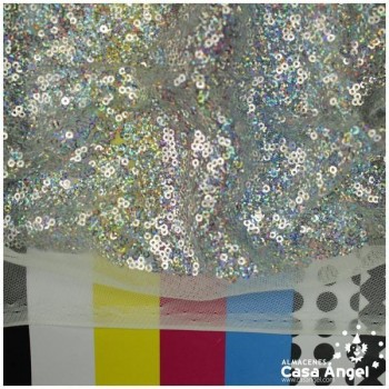 TELA DE LENTEJUELAS PLATA HOLOGRAMA BORDADAS SOBRE TUL 150cm